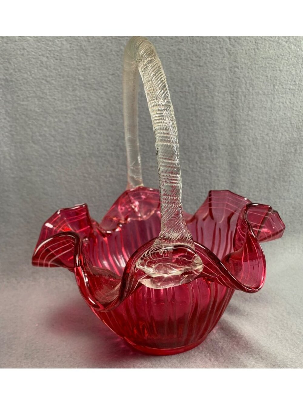 Hand-Blown Cranberry Glass Basket Ruffled Edge & Clear Handle Vintage - Picture 6 of 14
